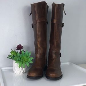 Matisse Militia Tall Leather Boot Brown Zippered Distressed Wide Calf Riding 7W
